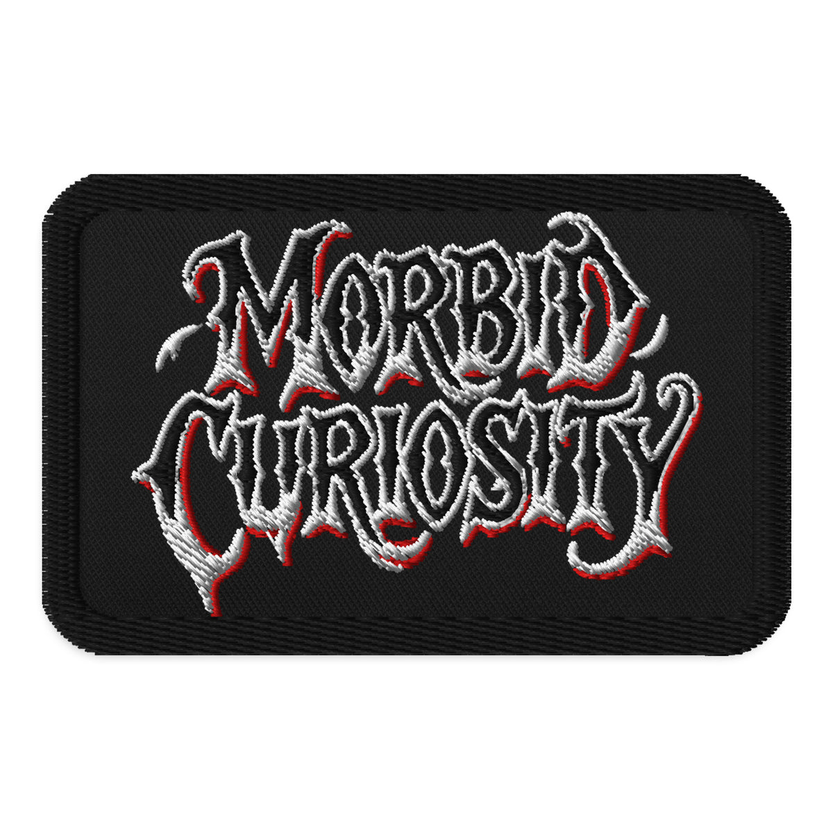 Rectangle embroidered patch featuring Morbid Curiosity Iron On, front view