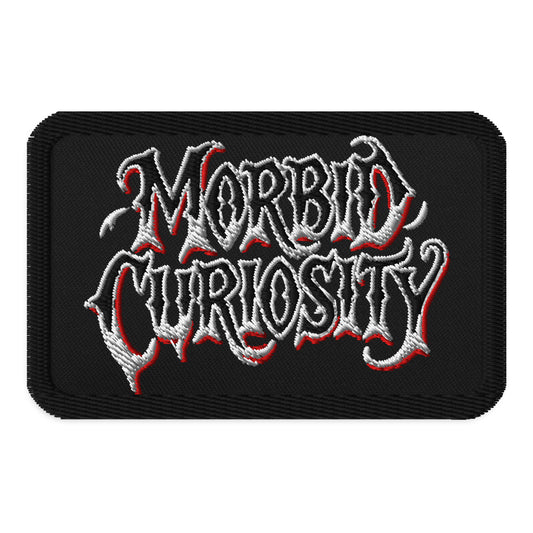 Rectangle embroidered patch featuring Morbid Curiosity Iron On, front view