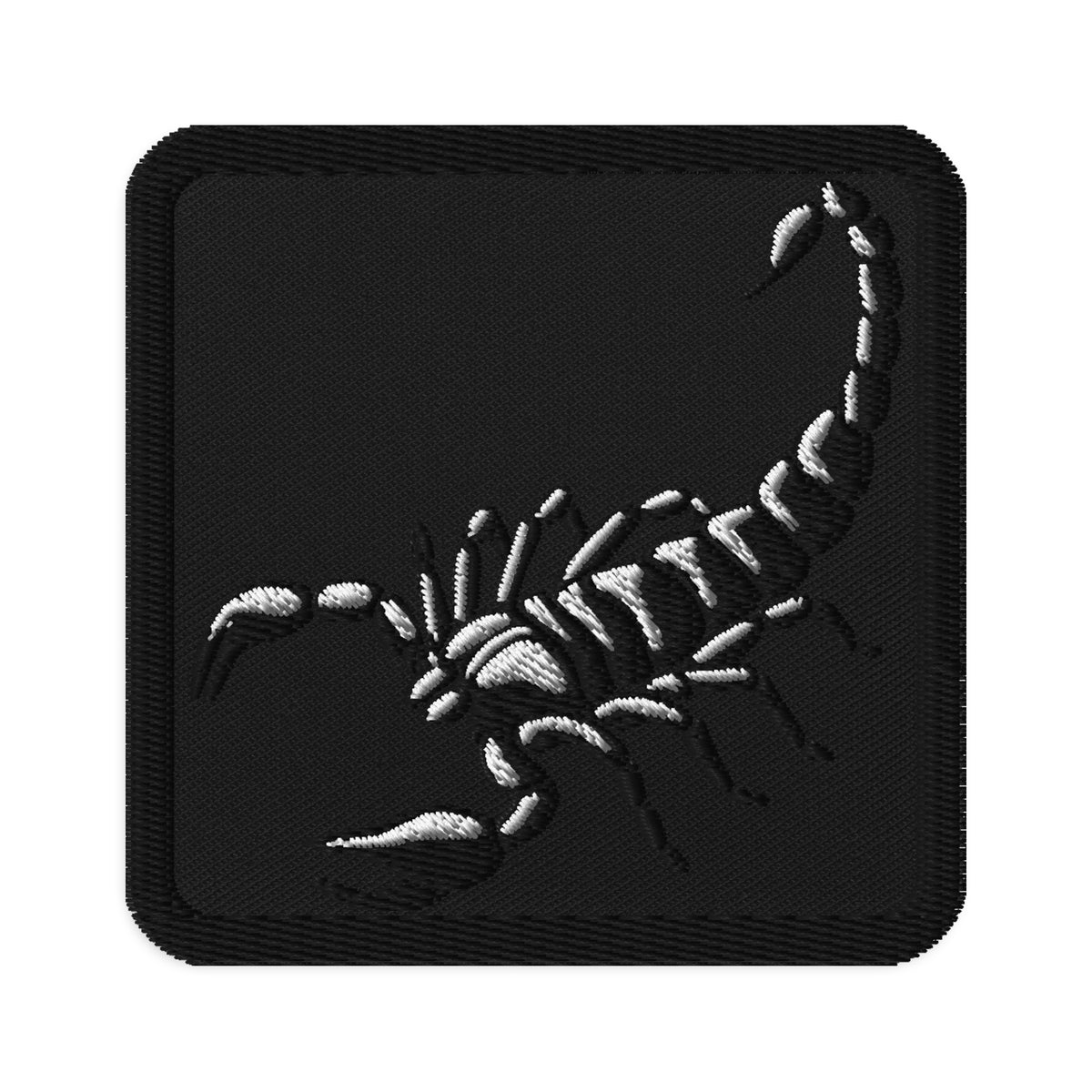 Square embroidered patch featuring Scorpion, front view
