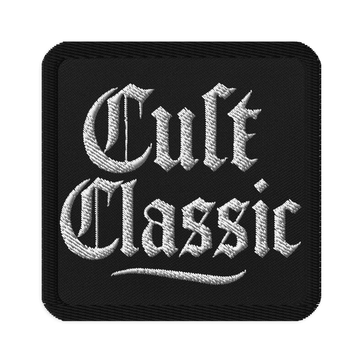 Square embroidered patch featuring Cult Classic White Gen X, front view