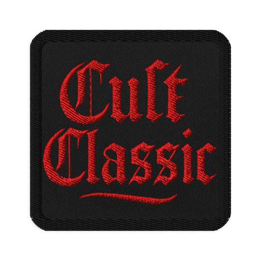 Square embroidered patch featuring Cult Classic Red Gen X, front view