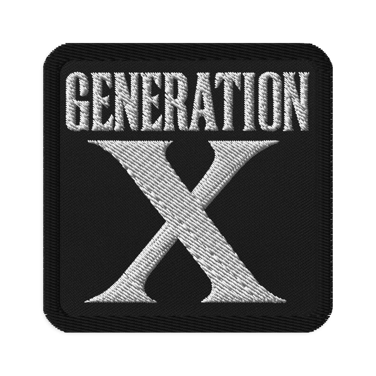 Square embroidered patch featuring Gen X Retro, front view