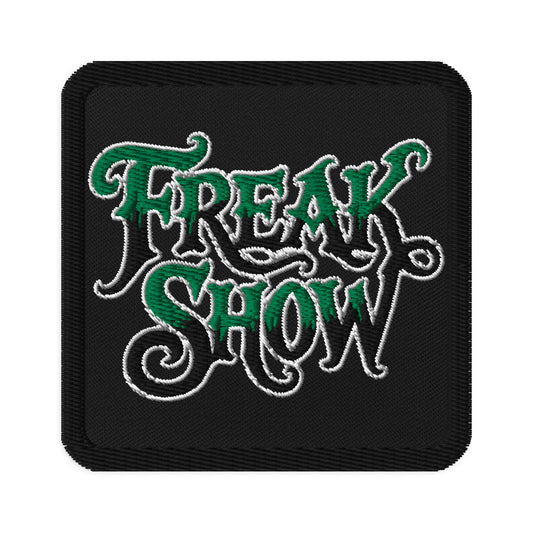 Square embroidered patch featuring Freak Show Horror Carnival Iron On, front view