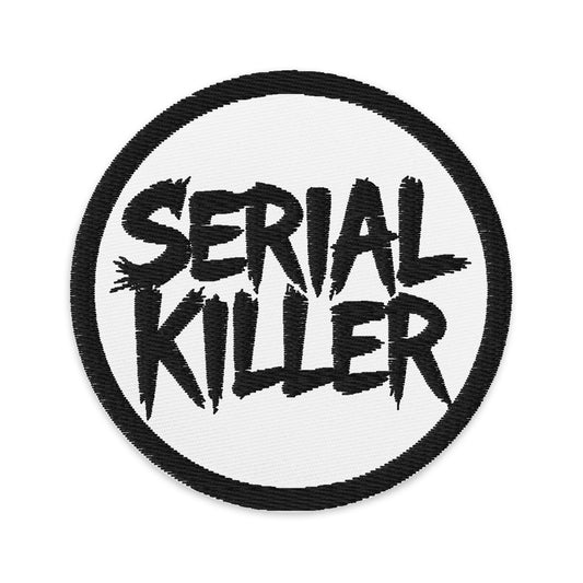 Circular embroidered patch featuring Black Serial Killer True Crime, front view