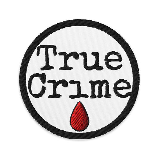 Circular embroidered patch featuring True Crime Blood Drop, front view