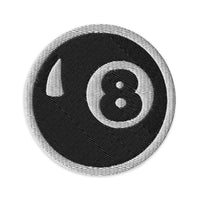 Circular embroidered patch featuring Black 8 Ball Billiards Embroidered, front view