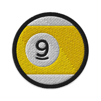 Circular embroidered patch featuring 9 Ball Line Billiards Embroidered, front view