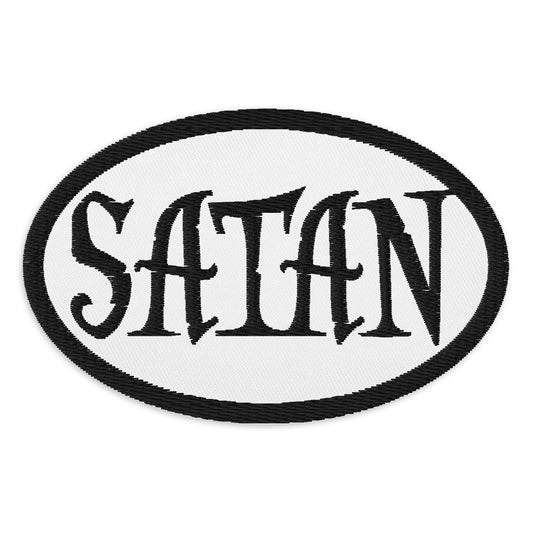 Oval embroidered patch featuring Black Satan Pure Evil, front view