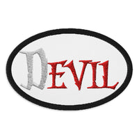 Oval embroidered patch featuring The Devil Is Evil, front view