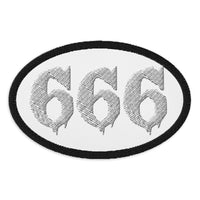Oval embroidered patch featuring White 666 Number of the Beast, front view