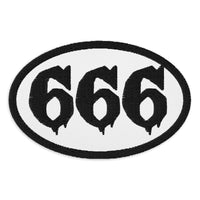 Oval embroidered patch featuring Black 666 Number of the Beast, front view