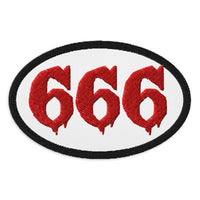 Oval embroidered patch featuring Red 666 Number of the Beast, front view