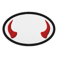 Oval embroidered patch featuring Red Devil Horns, front view