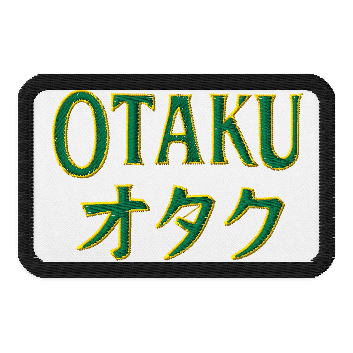 Rectangle embroidered patch featuring Otaku オタク, front view