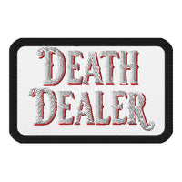Rectangle embroidered patch featuring Death Dealer, front view