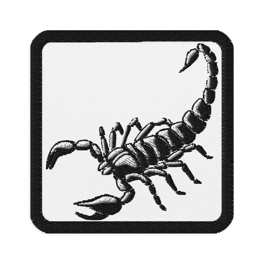 Square embroidered patch featuring Scorpion, front view