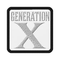 Square embroidered patch featuring Gen X Retro, front view