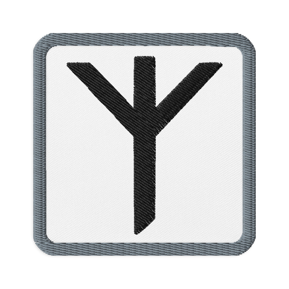 Square embroidered patch featuring Algiz Rune, front view