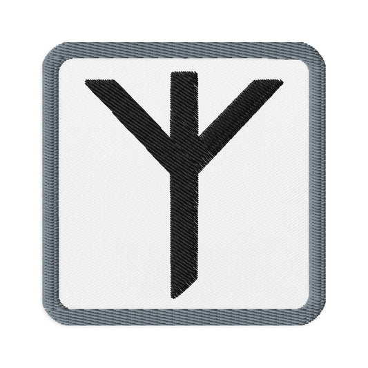 Square embroidered patch featuring Algiz Rune, front view