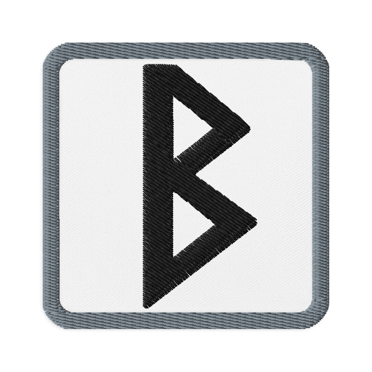 Square embroidered patch featuring Berkano Rune, front view