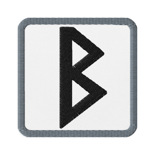 Square embroidered patch featuring Berkano Rune, front view