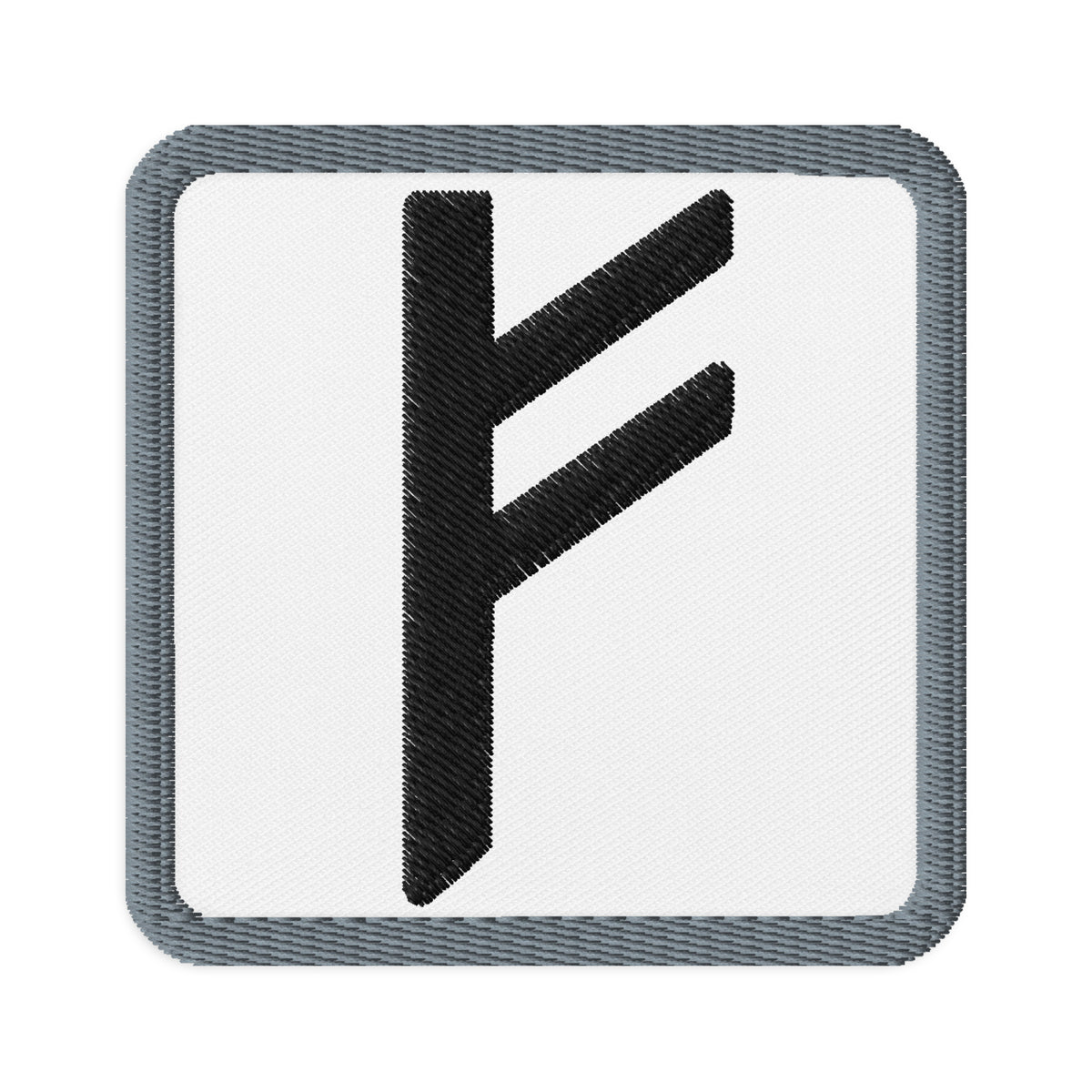 Square embroidered patch featuring Fehu Rune, front view