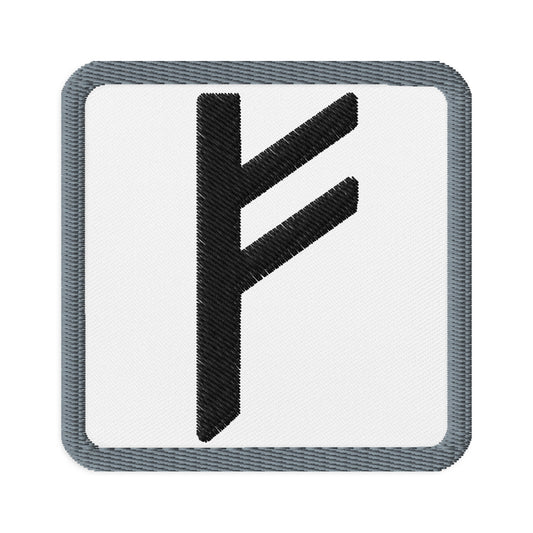 Square embroidered patch featuring Fehu Rune, front view