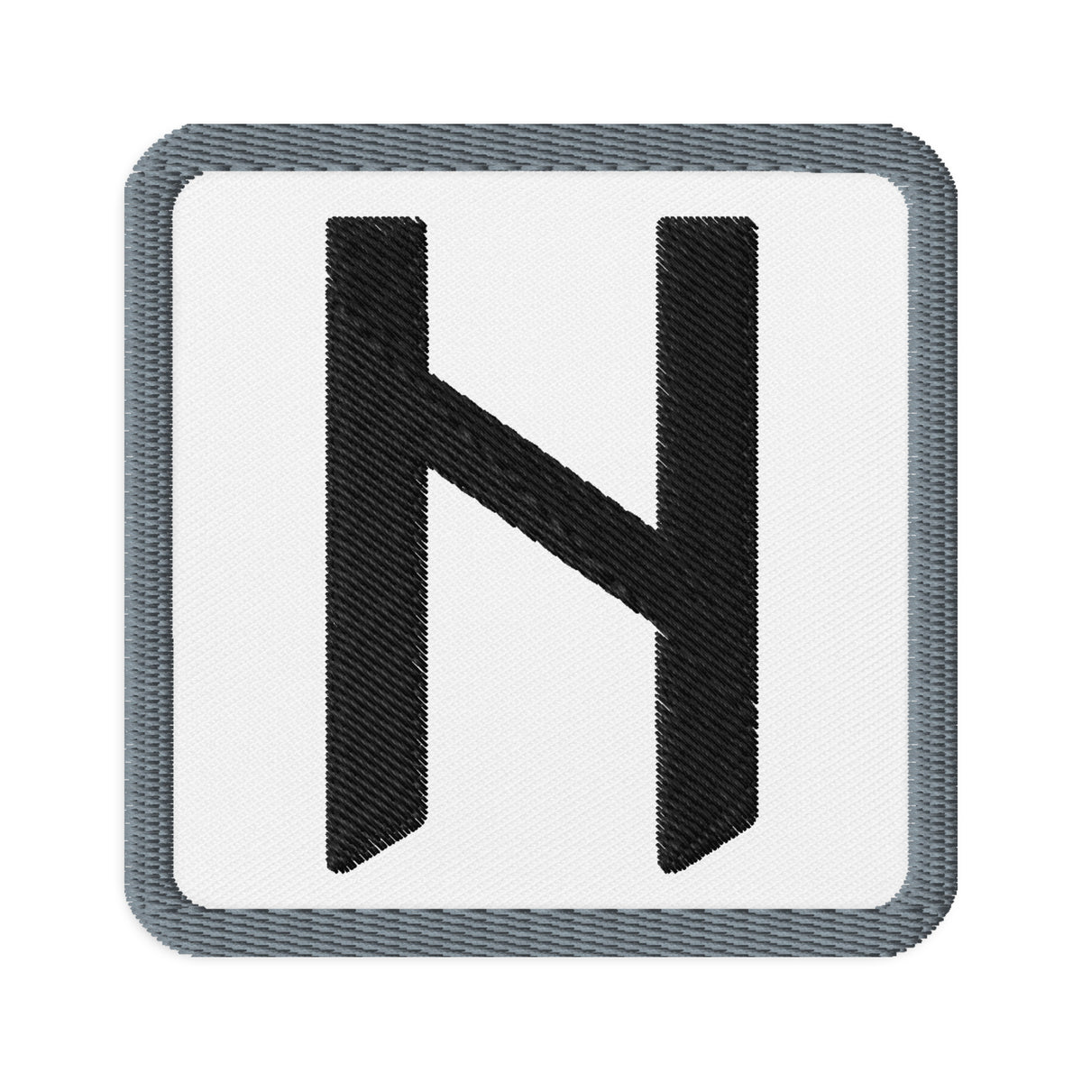 Square embroidered patch featuring Hagalaz Rune, front view