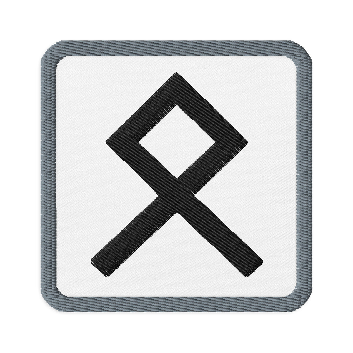 Square embroidered patch featuring Othala Rune, front view