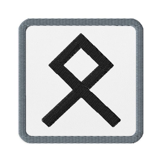 Square embroidered patch featuring Othala Rune, front view