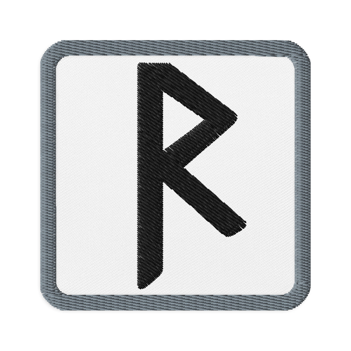 Square embroidered patch featuring Raidho Rune, front view