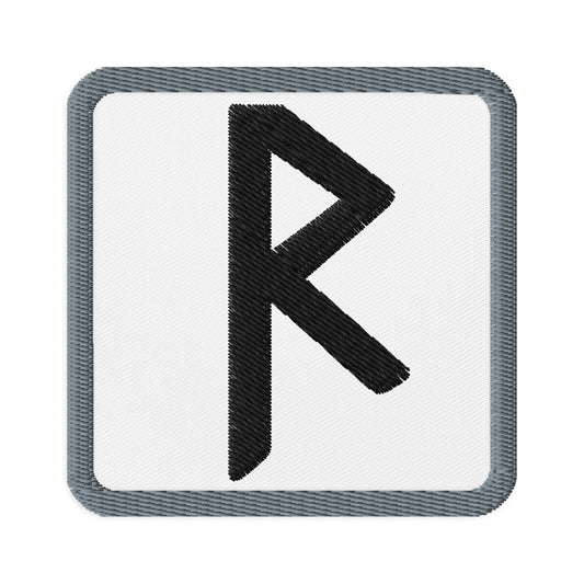 Square embroidered patch featuring Raidho Rune, front view