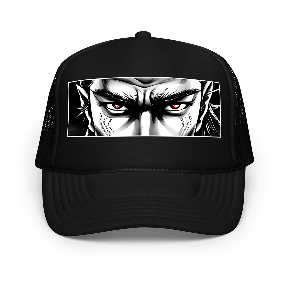 Light Pink / White / Light Pink trucker hat featuring Anime Samurai Eyes embroidered artwork, product image 4