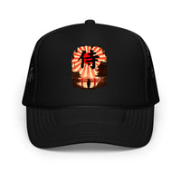 Black trucker hat featuring Samurai Rising Sun embroidered artwork, product image 1