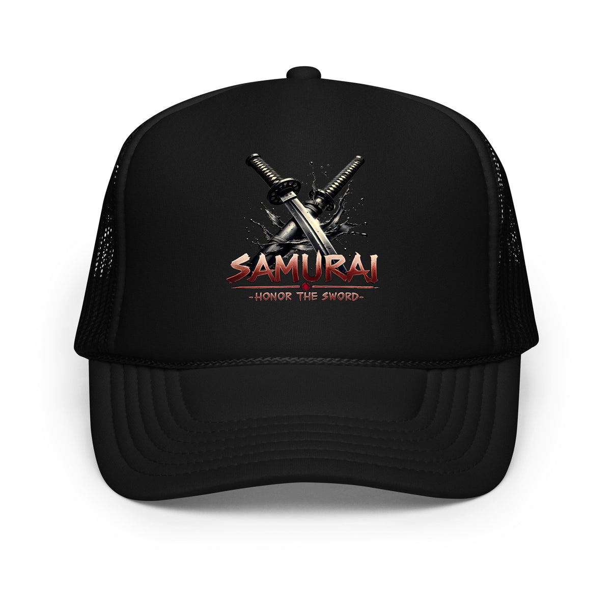 Light Pink / White / Light Pink trucker hat featuring Katana Splash Samurai embroidered artwork, product image 4