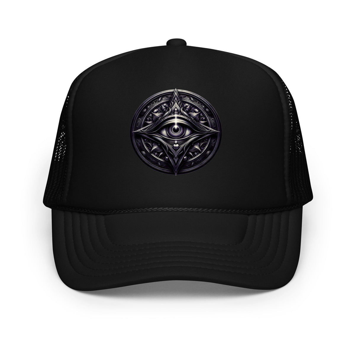 Light Pink / White / Light Pink trucker hat featuring All Seeing Eye embroidered artwork, product image 4