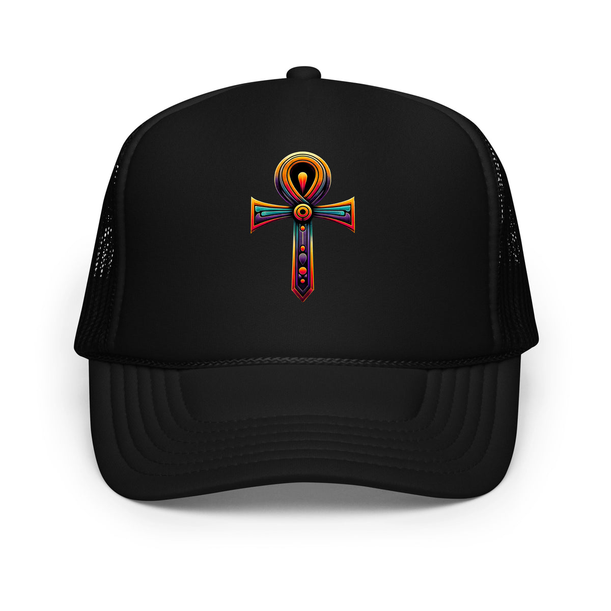 Black trucker hat featuring Ankh Symbol embroidered artwork, product image 1