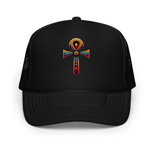 Black trucker hat featuring Ankh Symbol embroidered artwork, product image 1