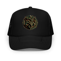 Black trucker hat featuring Ouroboros Snake Hat embroidered artwork, product image 1