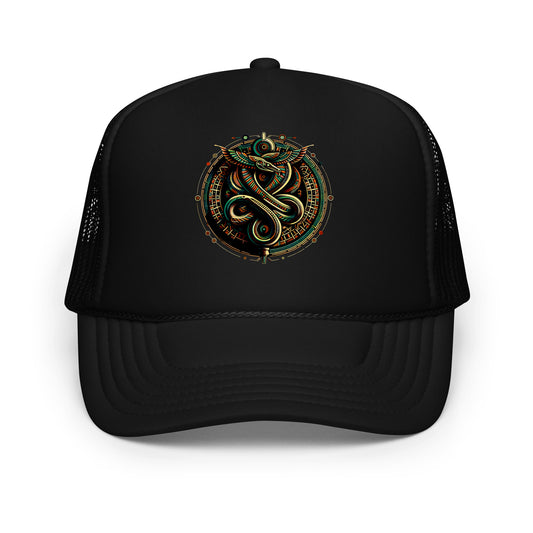 Black trucker hat featuring Ouroboros Snake Hat embroidered artwork, product image 1
