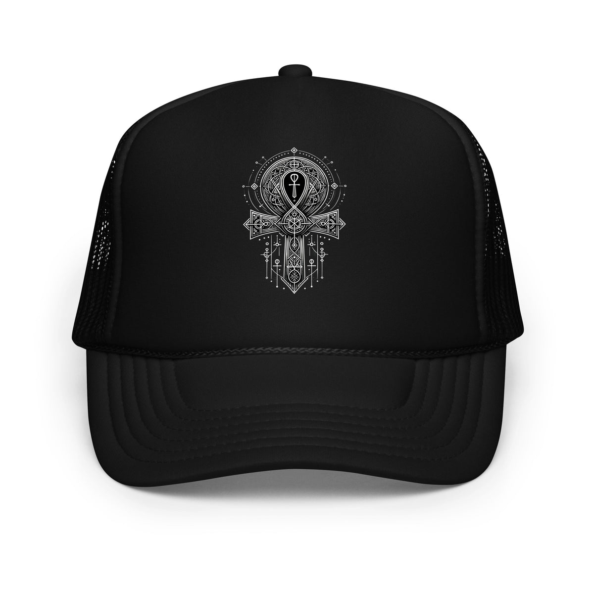 Black trucker hat featuring Ankh Symbol embroidered artwork, product image 1