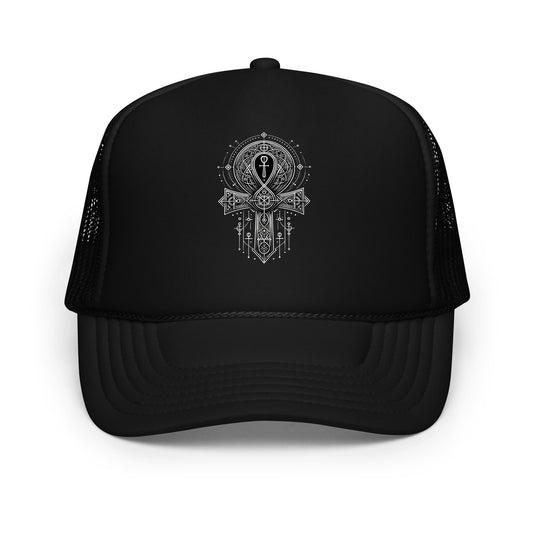 Black trucker hat featuring Ankh Symbol embroidered artwork, product image 1