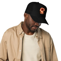 Red trucker hat featuring Samurai Rising Sun embroidered artwork, product image 3