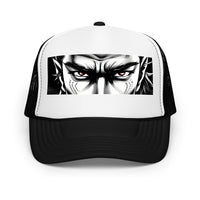 Black trucker hat featuring Anime Samurai Eyes embroidered artwork, product image 1