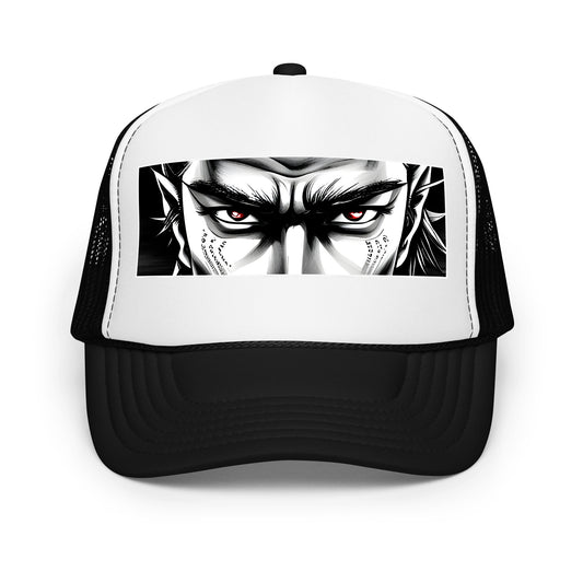 Black trucker hat featuring Anime Samurai Eyes embroidered artwork, product image 1