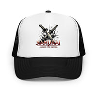 Black trucker hat featuring Katana Splash Samurai embroidered artwork, product image 1