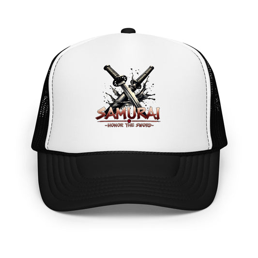 Black trucker hat featuring Katana Splash Samurai embroidered artwork, product image 1