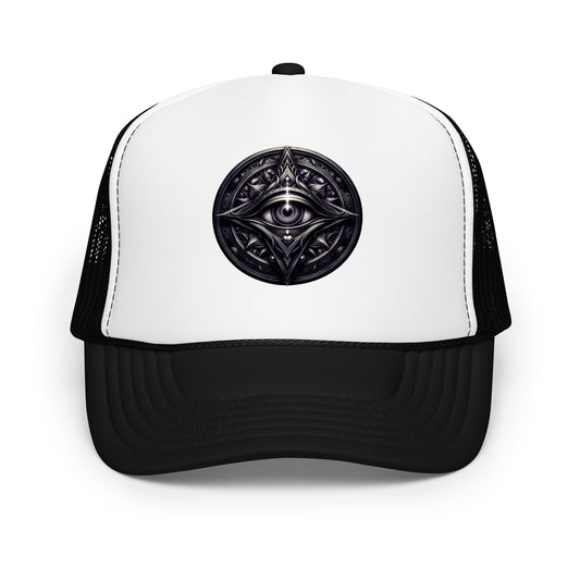 Black trucker hat featuring All Seeing Eye embroidered artwork, product image 1