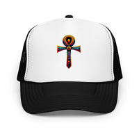 White trucker hat featuring Ankh Symbol embroidered artwork, product image 7