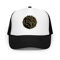 White trucker hat featuring Ouroboros Snake Hat embroidered artwork, product image 7